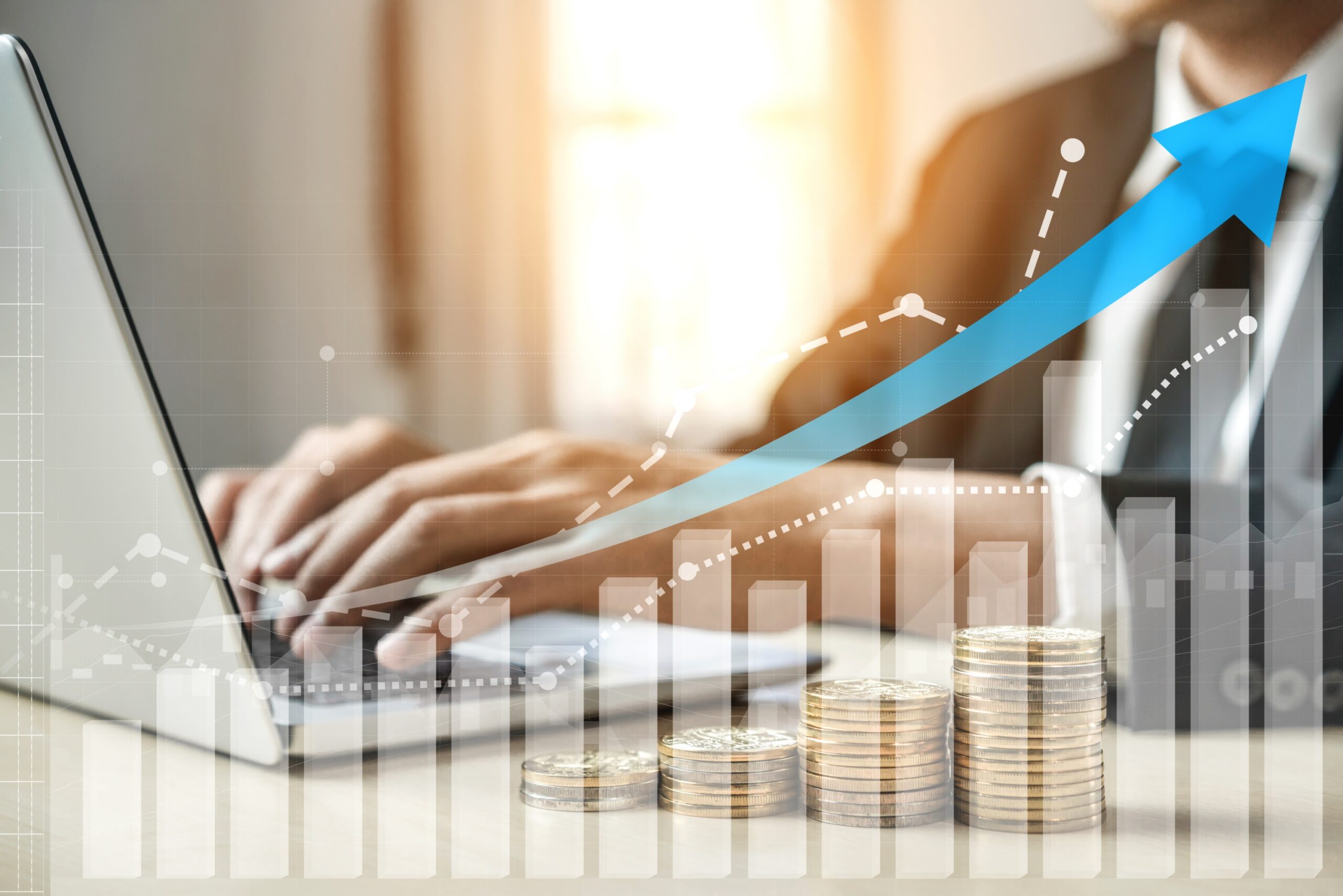 Double Exposure Image of Business and Finance - Businessman with report chart up forward to financial profit growth of stock market investment.